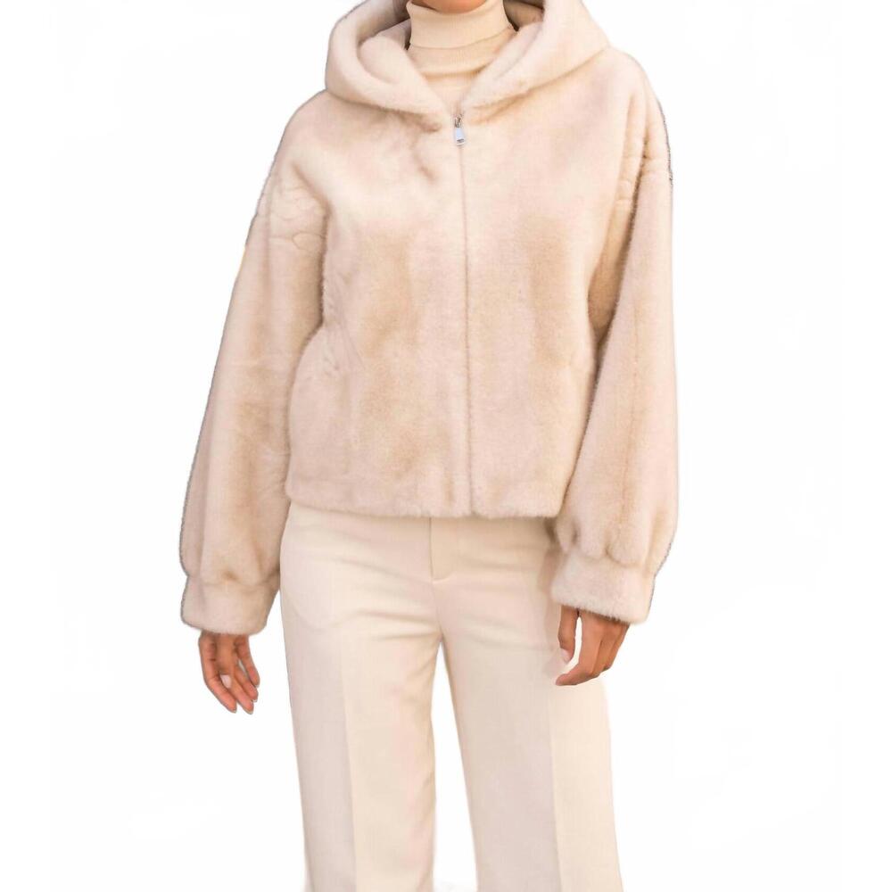 NEW ATTENTIF hooded faux fur coat in beige